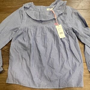 Vineyard Vines Girls Striped Ruffle Top New With Tags Blue/White Stripe Sz L